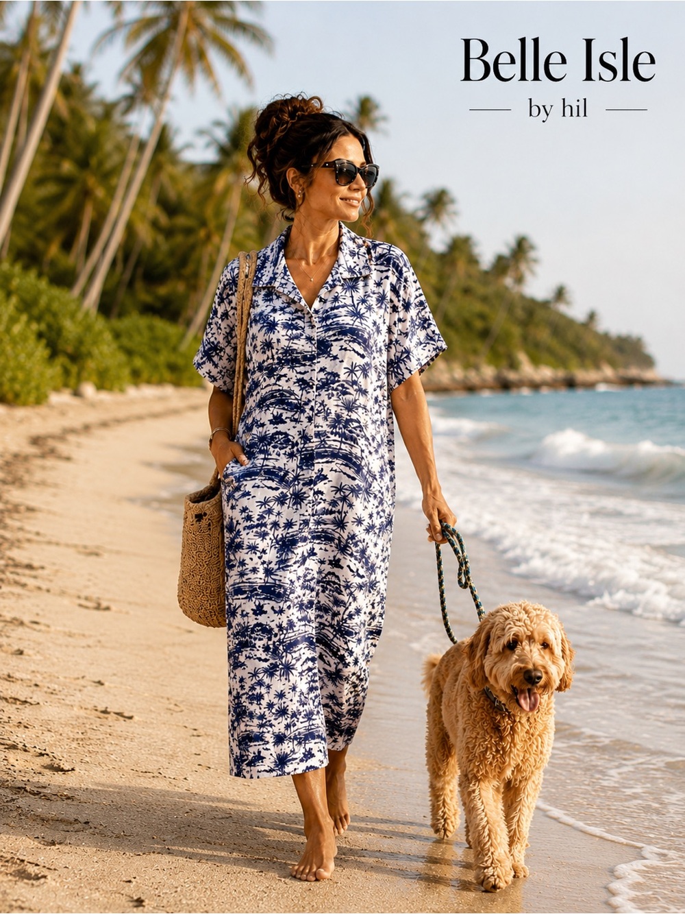 Belle Isle,Palm Resort Pocketed Dress Coastal Tropical Lounge Vacation, Size XL